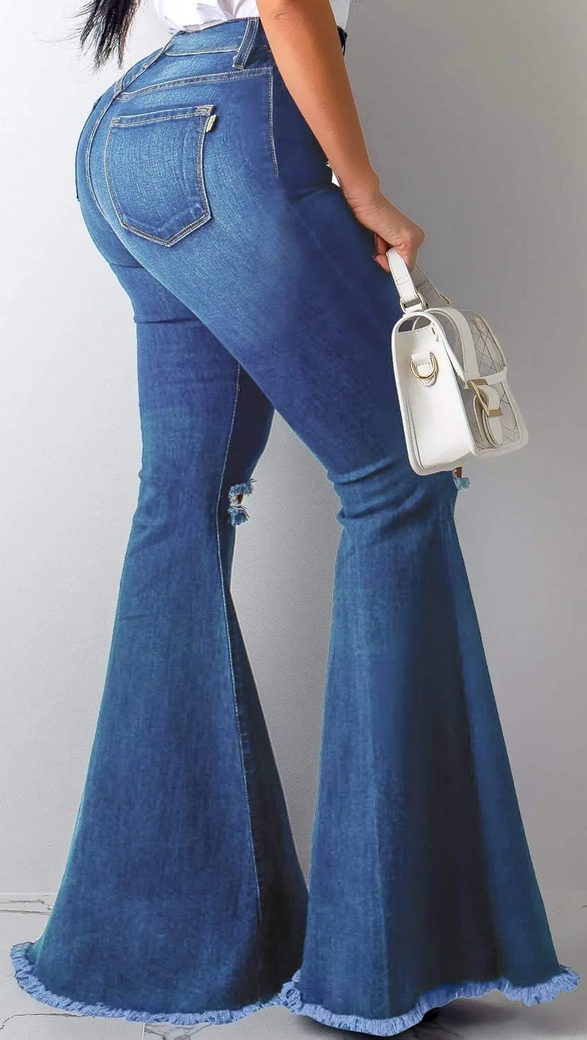 Chic High-Waisted Flared Denim Jeans with Distressed Details for Women