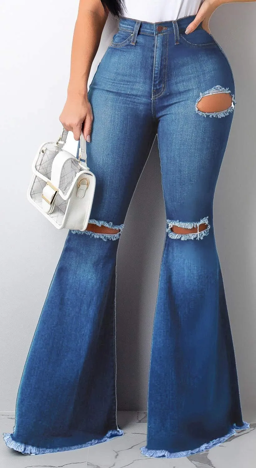 Chic High-Waisted Flared Denim Jeans with Distressed Details for Women