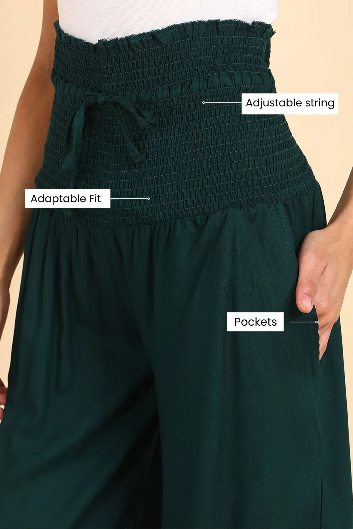 Dark Green High Waisted Smocked Maternity Palazzo (Pregnancy & Postpartum)