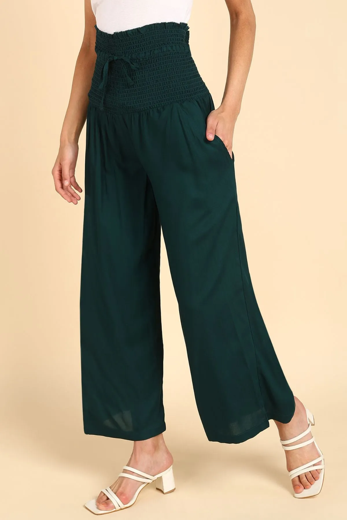 Dark Green High Waisted Smocked Maternity Palazzo (Pregnancy & Postpartum)