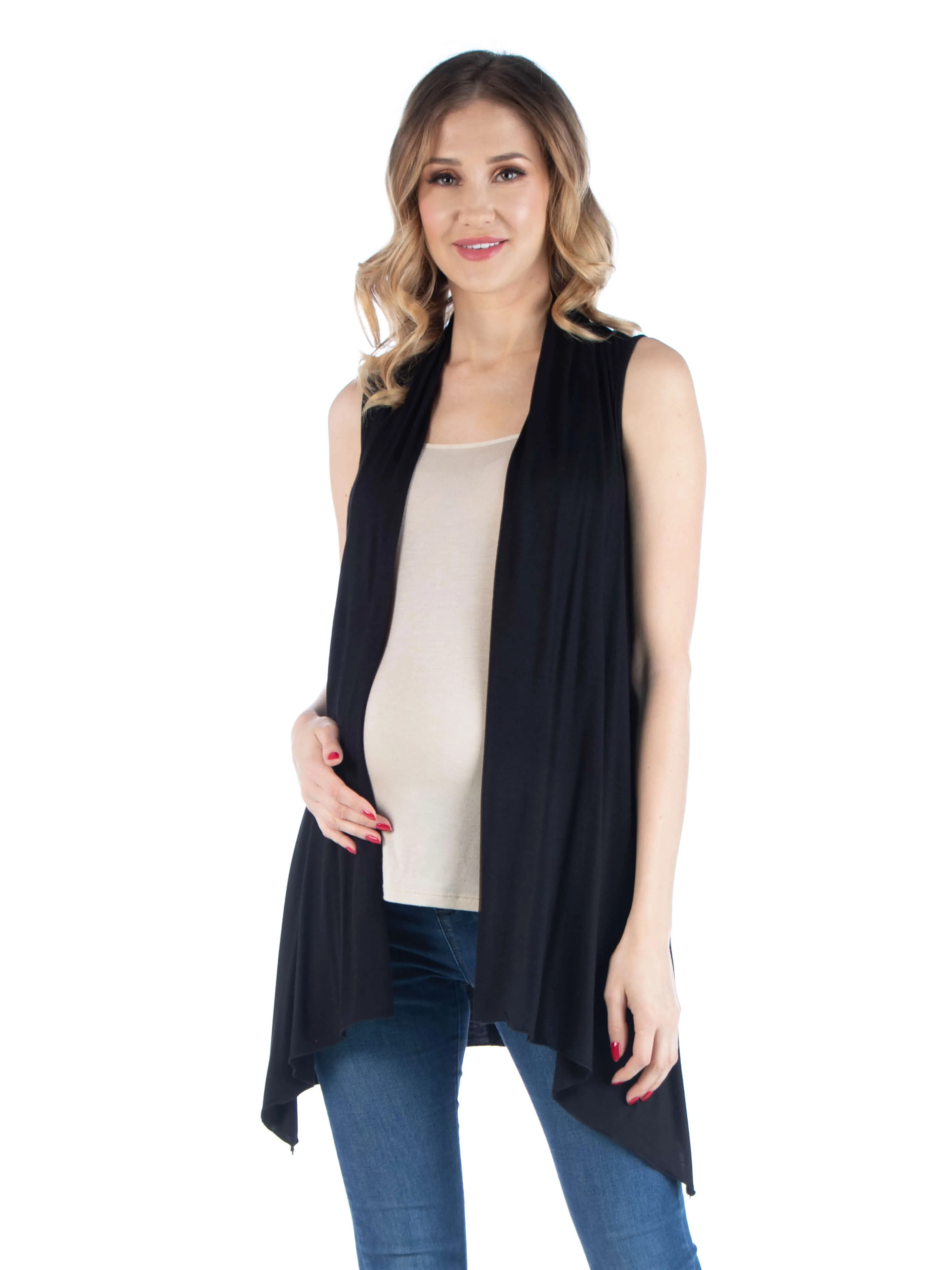 Draped Maternity Open Front Sleeveless Cardigan