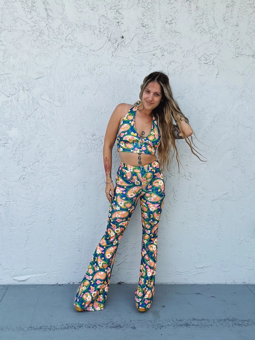 Find Your Groove Retro Paisley Mod Print Two Piece Bell Bottom Pants Set ~ Sold Separately