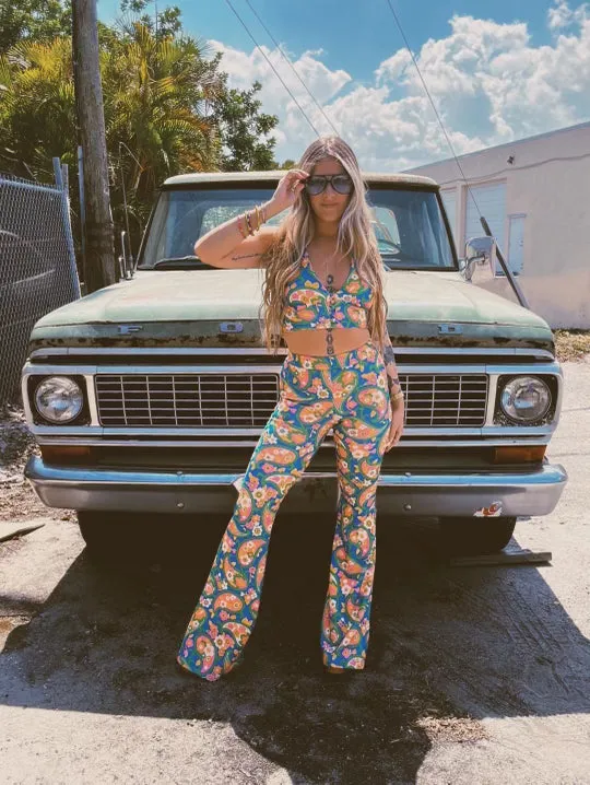 Find Your Groove Retro Paisley Mod Print Two Piece Bell Bottom Pants Set ~ Sold Separately