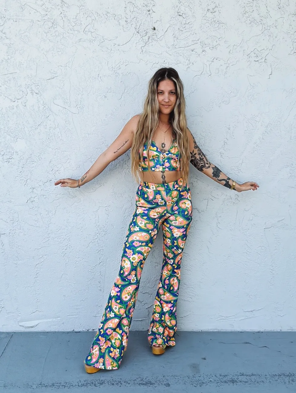 Find Your Groove Retro Paisley Mod Print Two Piece Bell Bottom Pants Set ~ Sold Separately