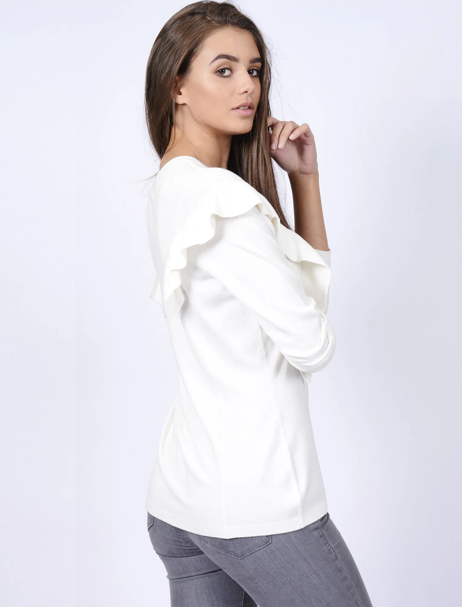 Gardenia Crew Neck Knitted Jumper with Frills in Cream - Tokyo Laundry