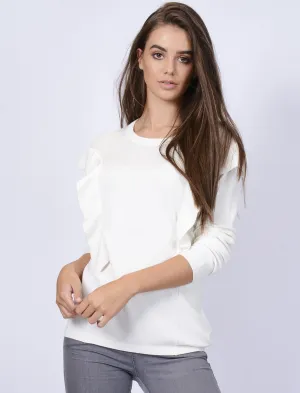 Gardenia Crew Neck Knitted Jumper with Frills in Cream - Tokyo Laundry