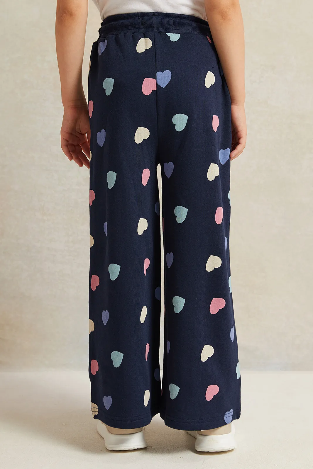 Girls Navy Heart Print Wide Leg Active Pants