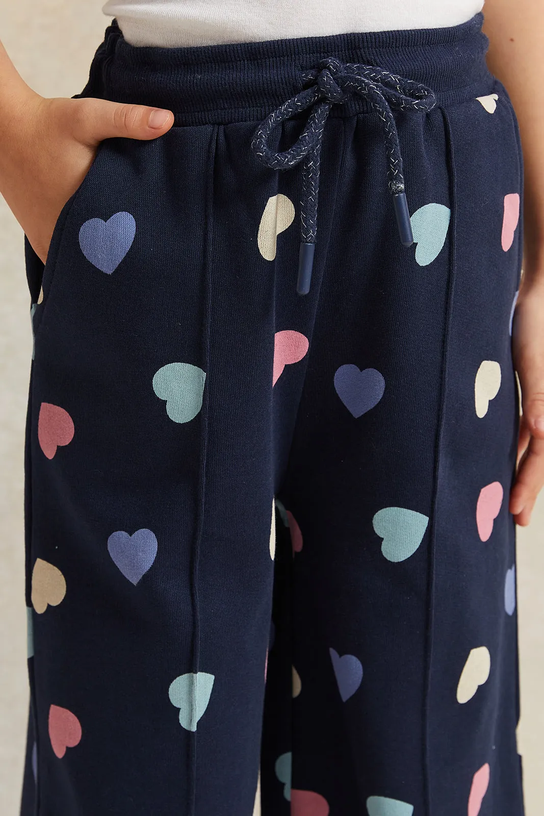 Girls Navy Heart Print Wide Leg Active Pants