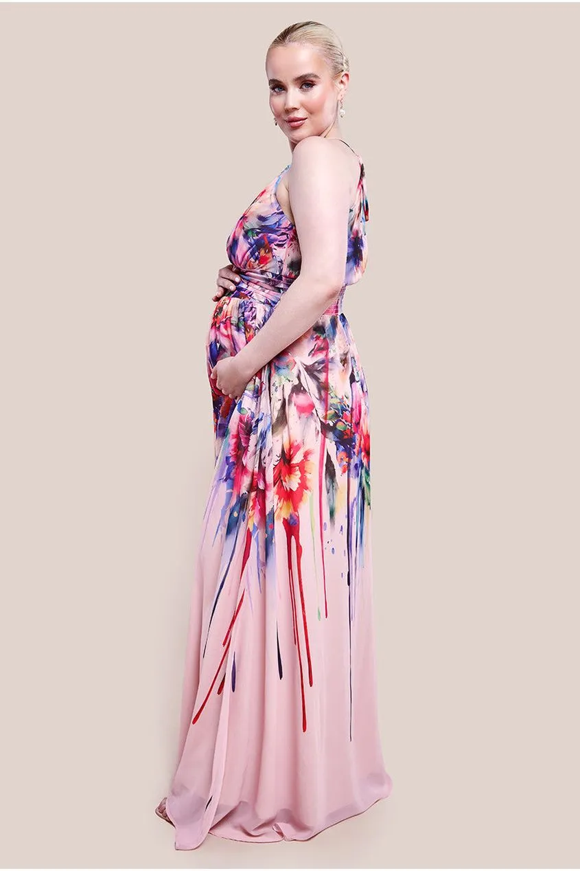 Goddiva Maternity Floral Printed Chiffon Halter Maxi Dress - Blush Floral