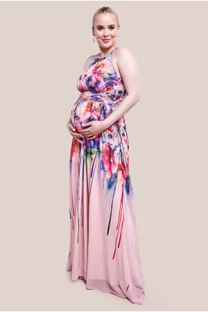 Goddiva Maternity Floral Printed Chiffon Halter Maxi Dress - Blush Floral