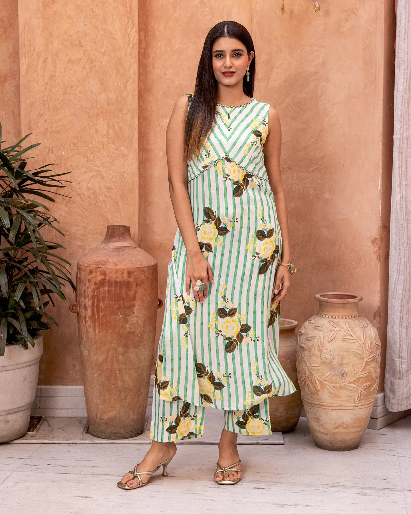 Green Striped Kurta Set