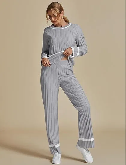 Grey Women Soft Long Sleeve Wide Leg Set Casual Sleep Lounge Wear