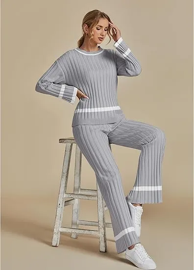 Grey Women Soft Long Sleeve Wide Leg Set Casual Sleep Lounge Wear