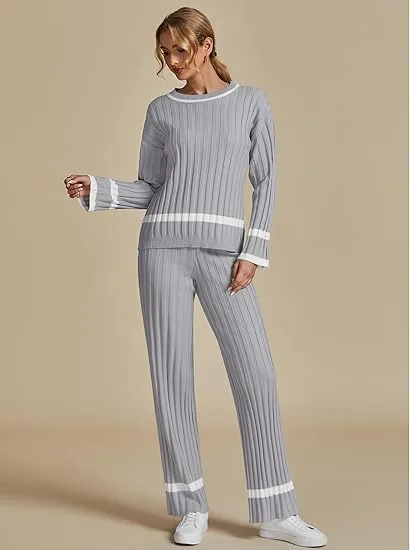 Grey Women Soft Long Sleeve Wide Leg Set Casual Sleep Lounge Wear