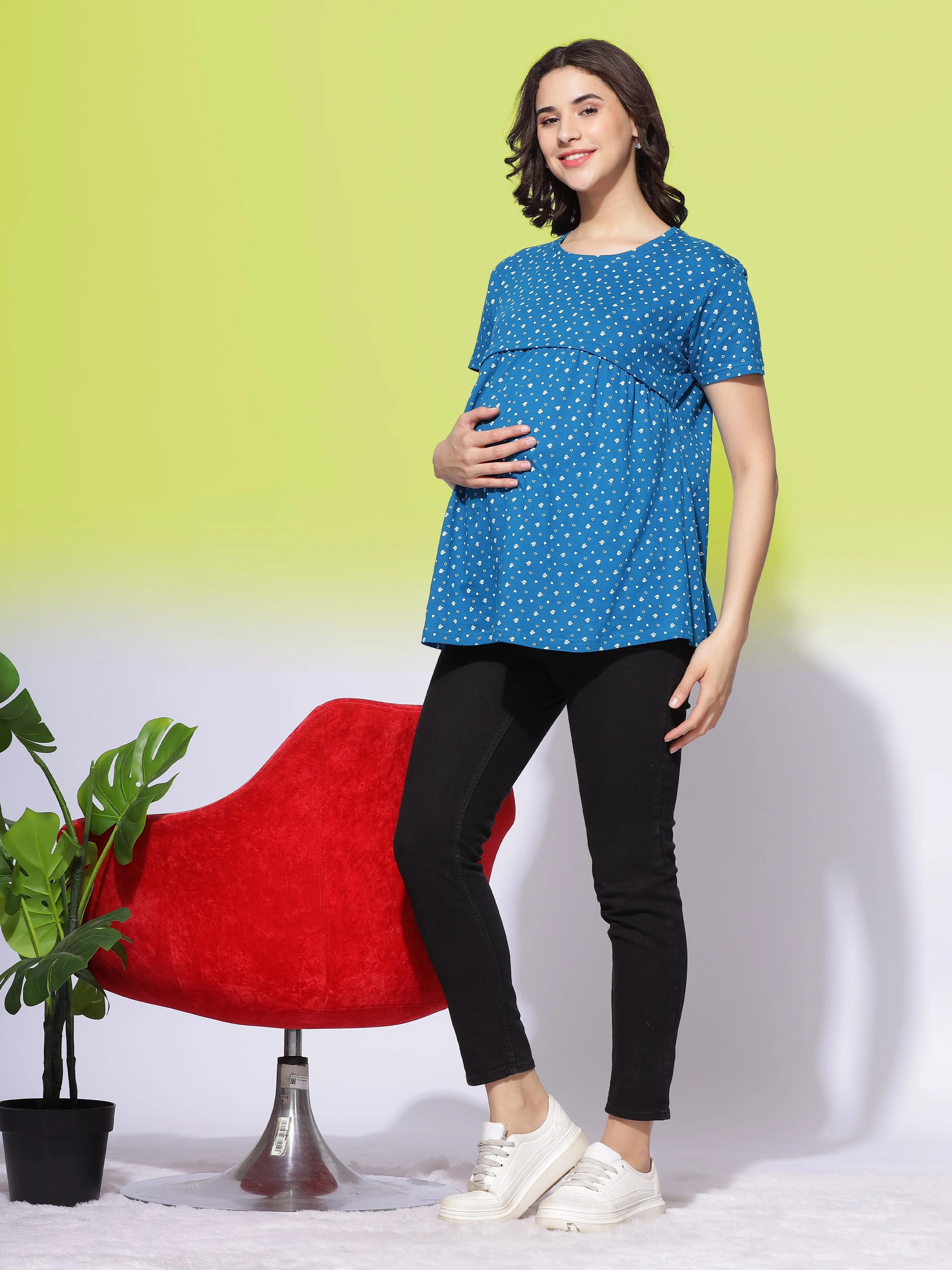 Hosiery Cotton Maternity Feeding Petrol Blue Top