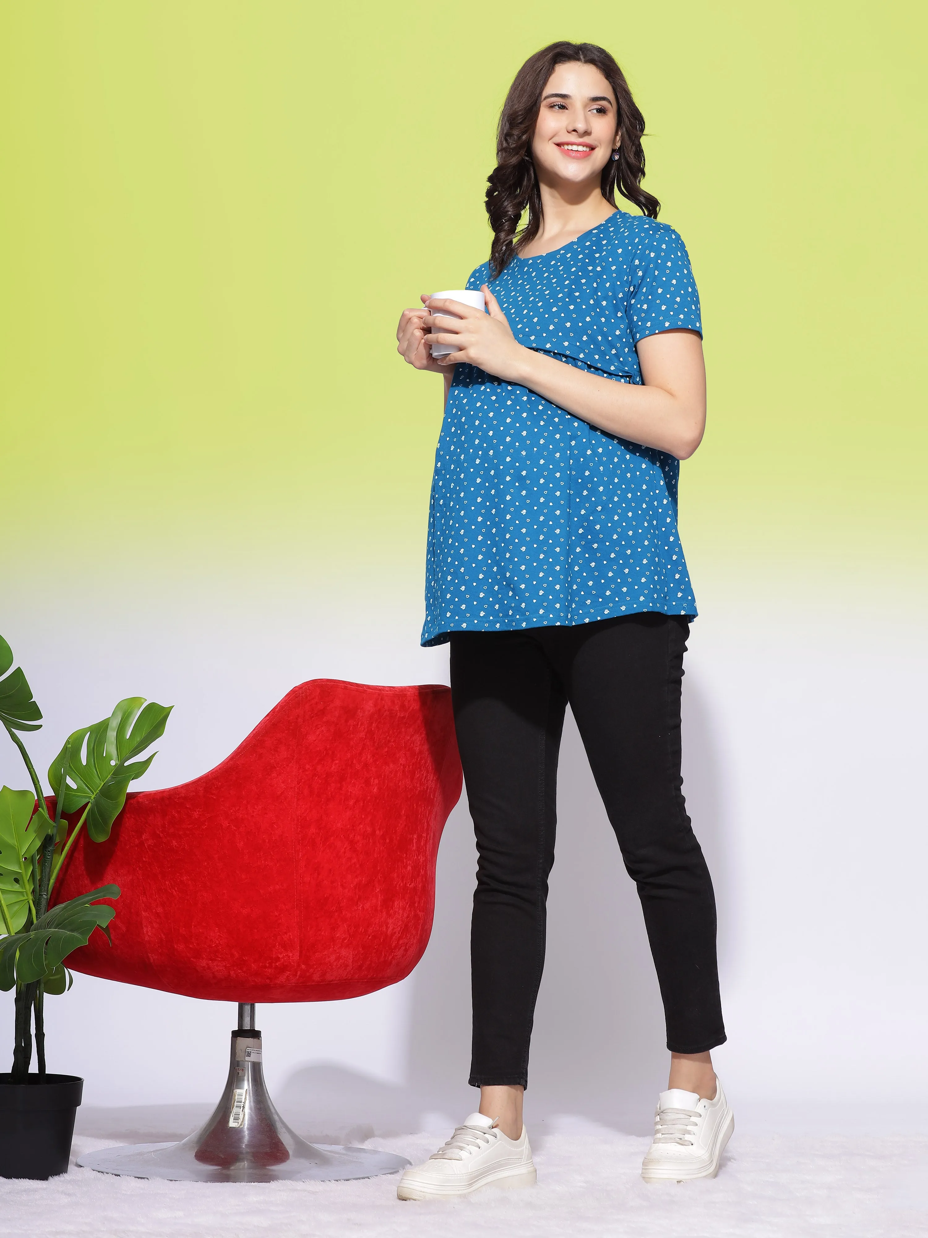 Hosiery Cotton Maternity Feeding Petrol Blue Top