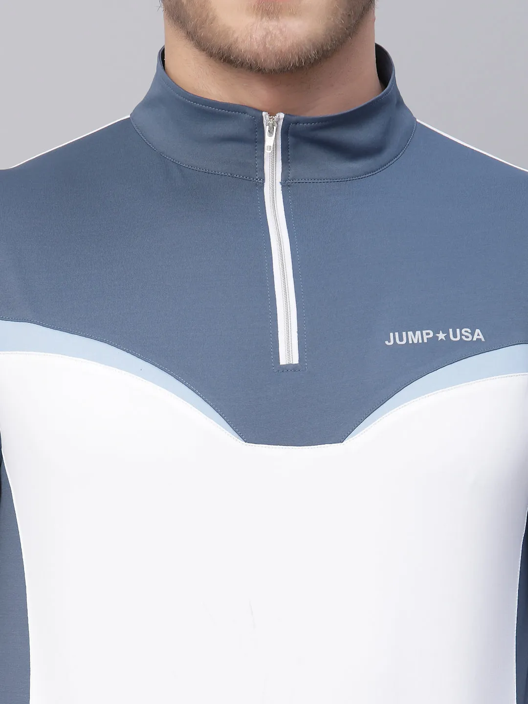 JUMP USA Men's White Ensign Blue Solid Yoga Seamless High Neck T-shirt