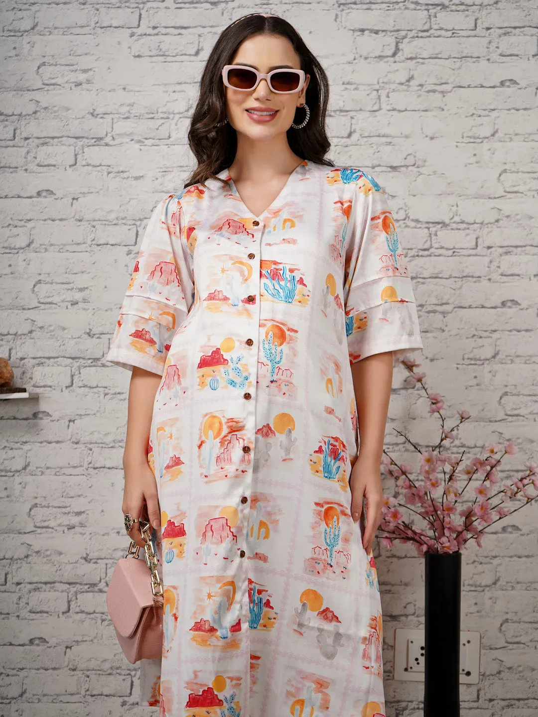 KRISHA - BEIGE FLORAL PRINT A-LINE SHIRT MATERNITY DRESS