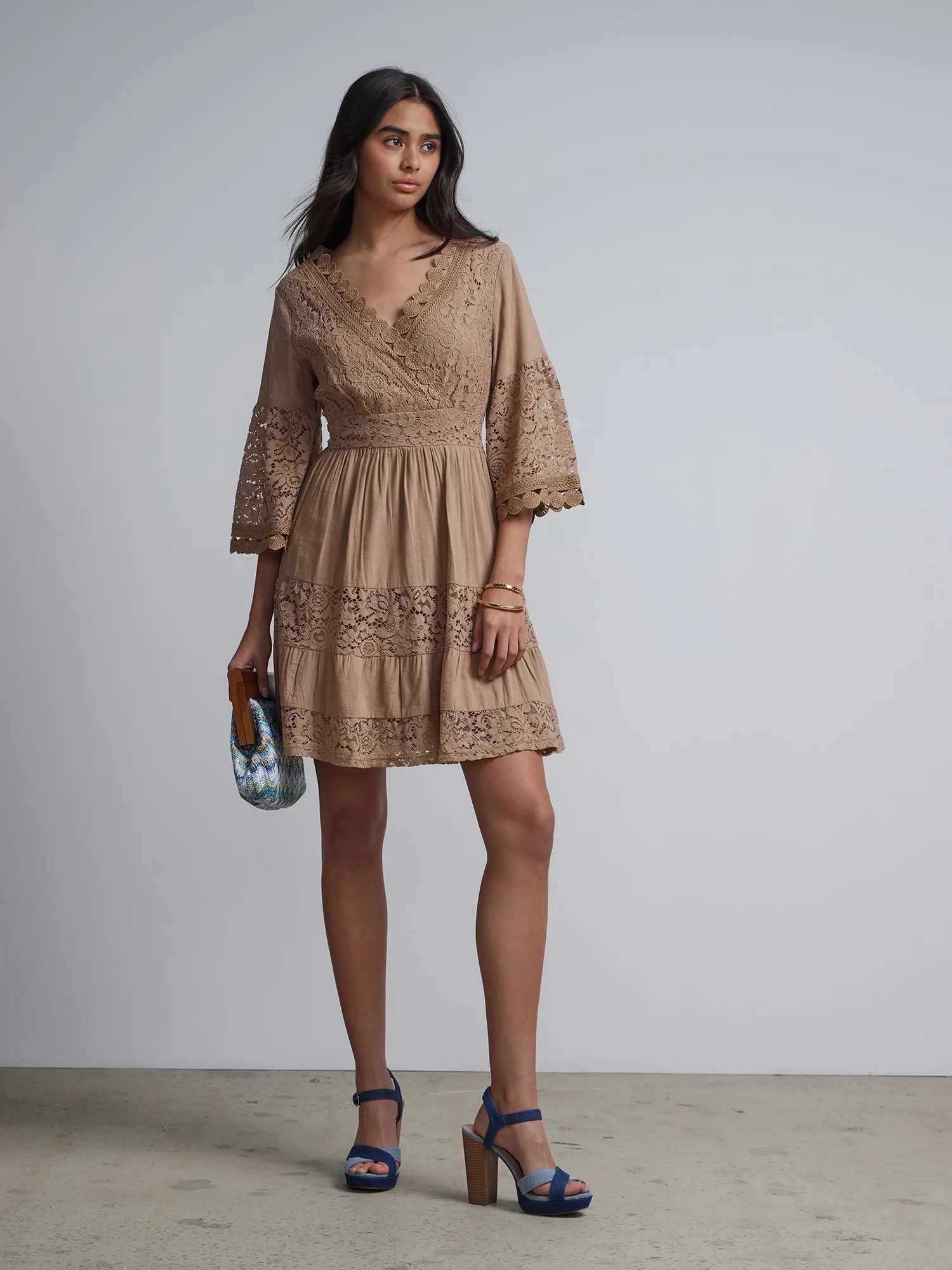 Lace-Trim Bell-Sleeve Flare Dress