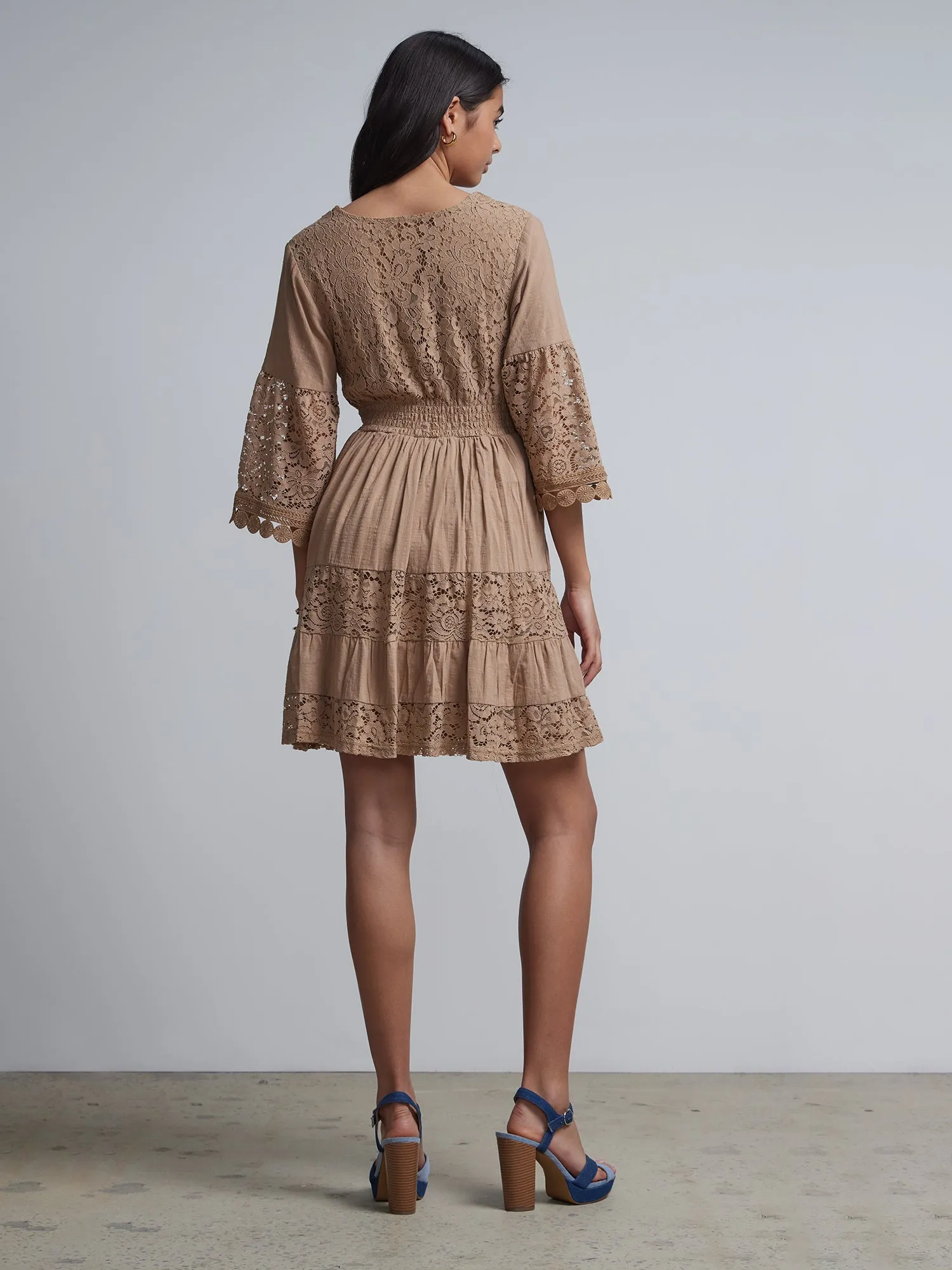 Lace-Trim Bell-Sleeve Flare Dress