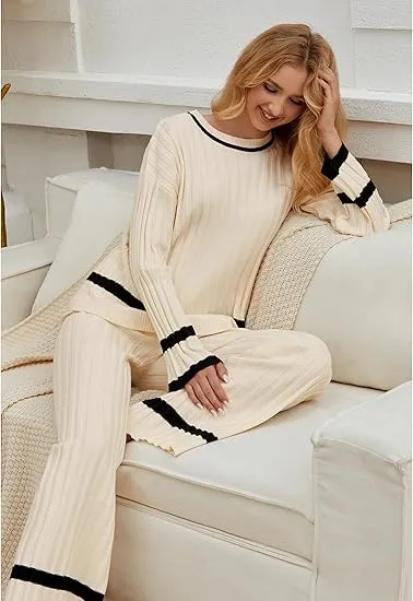 Light Beige Women Soft Long Sleeve Wide Leg Set Casual Sleep Lounge Wear