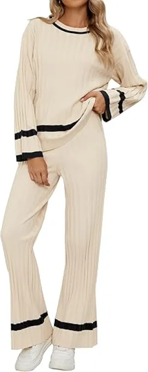 Light Beige Women Soft Long Sleeve Wide Leg Set Casual Sleep Lounge Wear