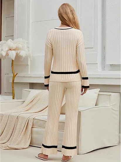 Light Beige Women Soft Long Sleeve Wide Leg Set Casual Sleep Lounge Wear