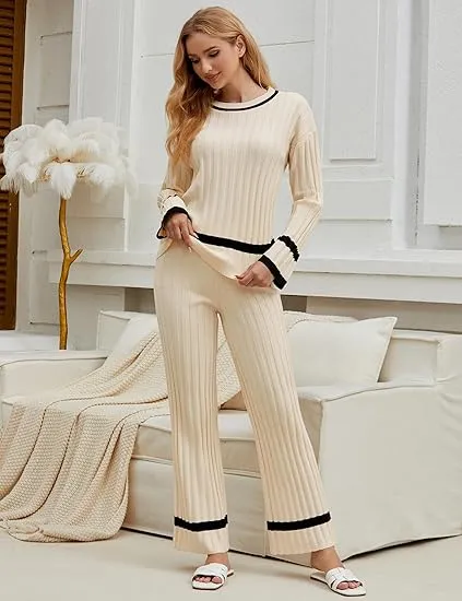 Light Beige Women Soft Long Sleeve Wide Leg Set Casual Sleep Lounge Wear