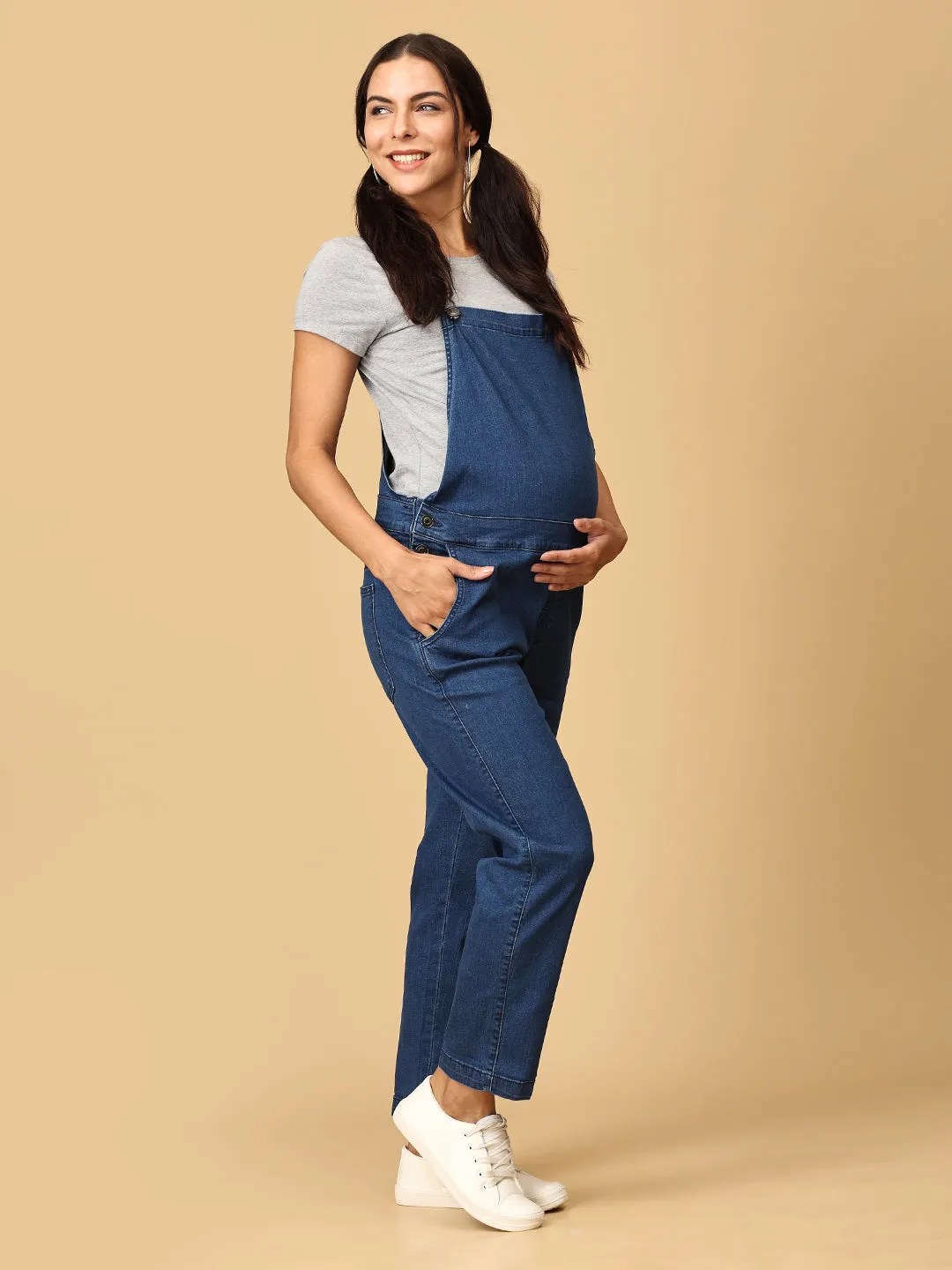 Maternity Denim Dungaree with Side Buttons Blue