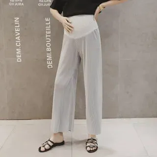 Maternity Ice Silk Wide-Leg Pants for Summer, Loose and Thin with Pleats  Nine-Point Pregnancy Trousers