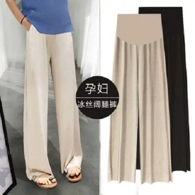 Maternity Ice Silk Wide-Leg Pants for Summer, Loose and Thin with Pleats  Nine-Point Pregnancy Trousers