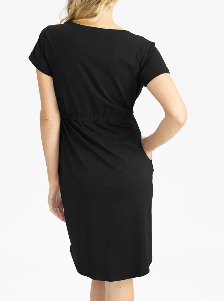 Mia Maternity & Nursing Zipper Drawstring Dress in Black