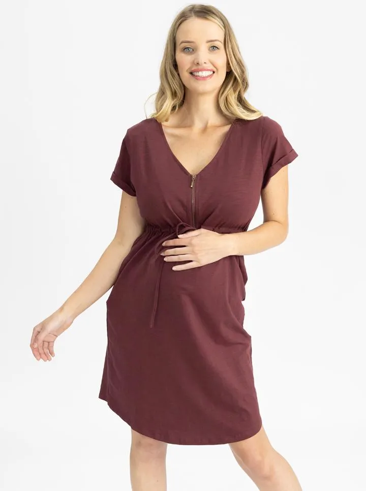 Mia Maternity & Nursing Zipper Drawstring Dress in Burgundy