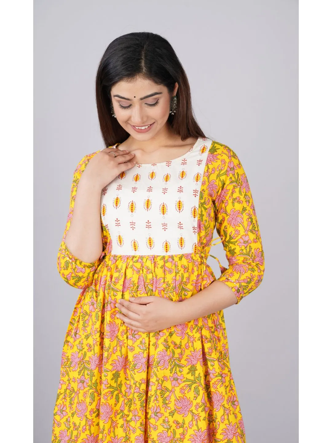 Mustard & White Maternity Baby Feeding Dress