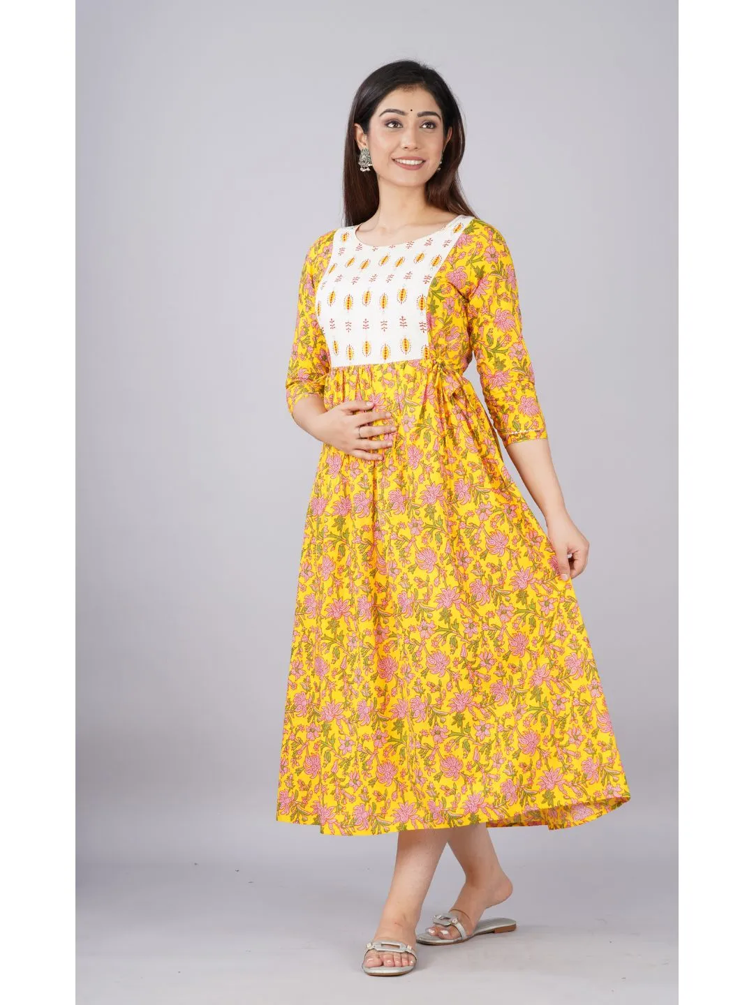 Mustard & White Maternity Baby Feeding Dress