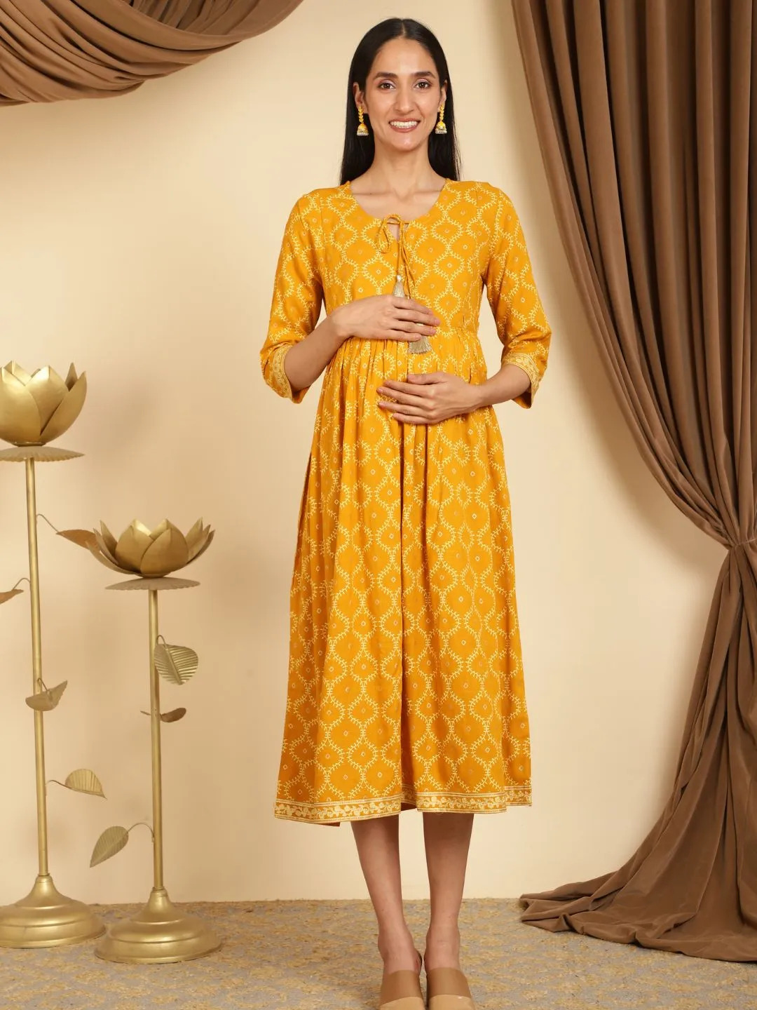 Mustard Yellow Maternity Dresses with Pocket and Tassel Neckline