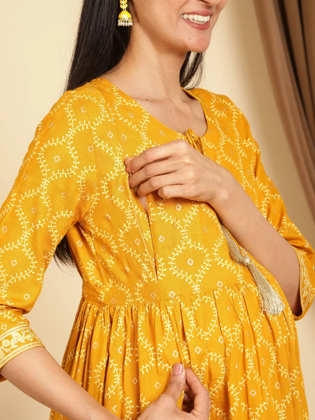 Mustard Yellow Maternity Dresses with Pocket and Tassel Neckline