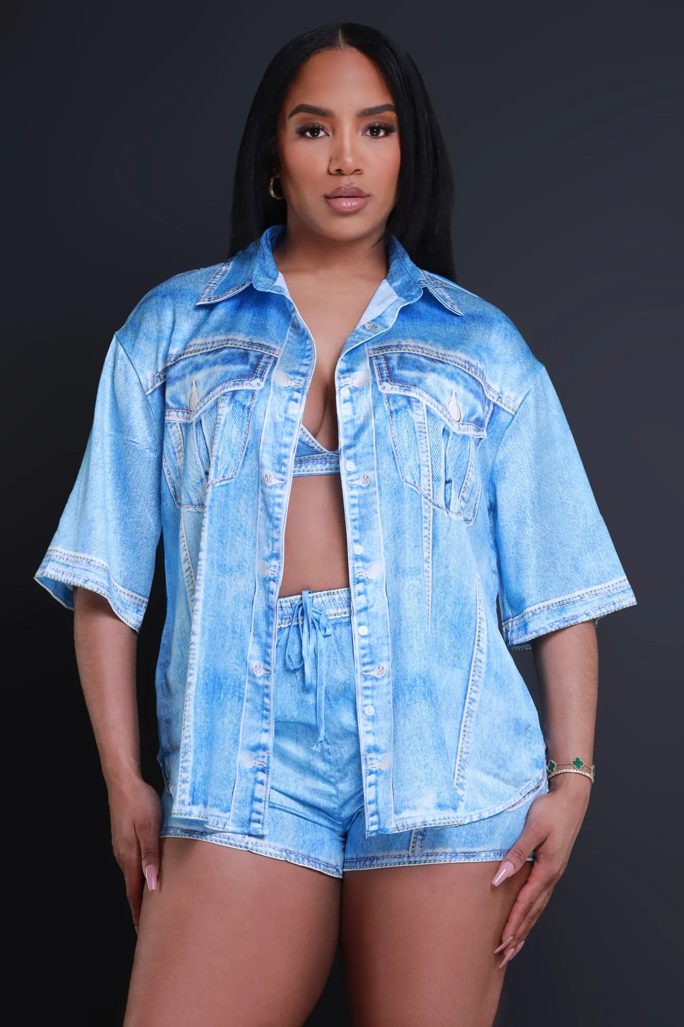 Ocean Side Oversized Denim Print Blouse - Blue