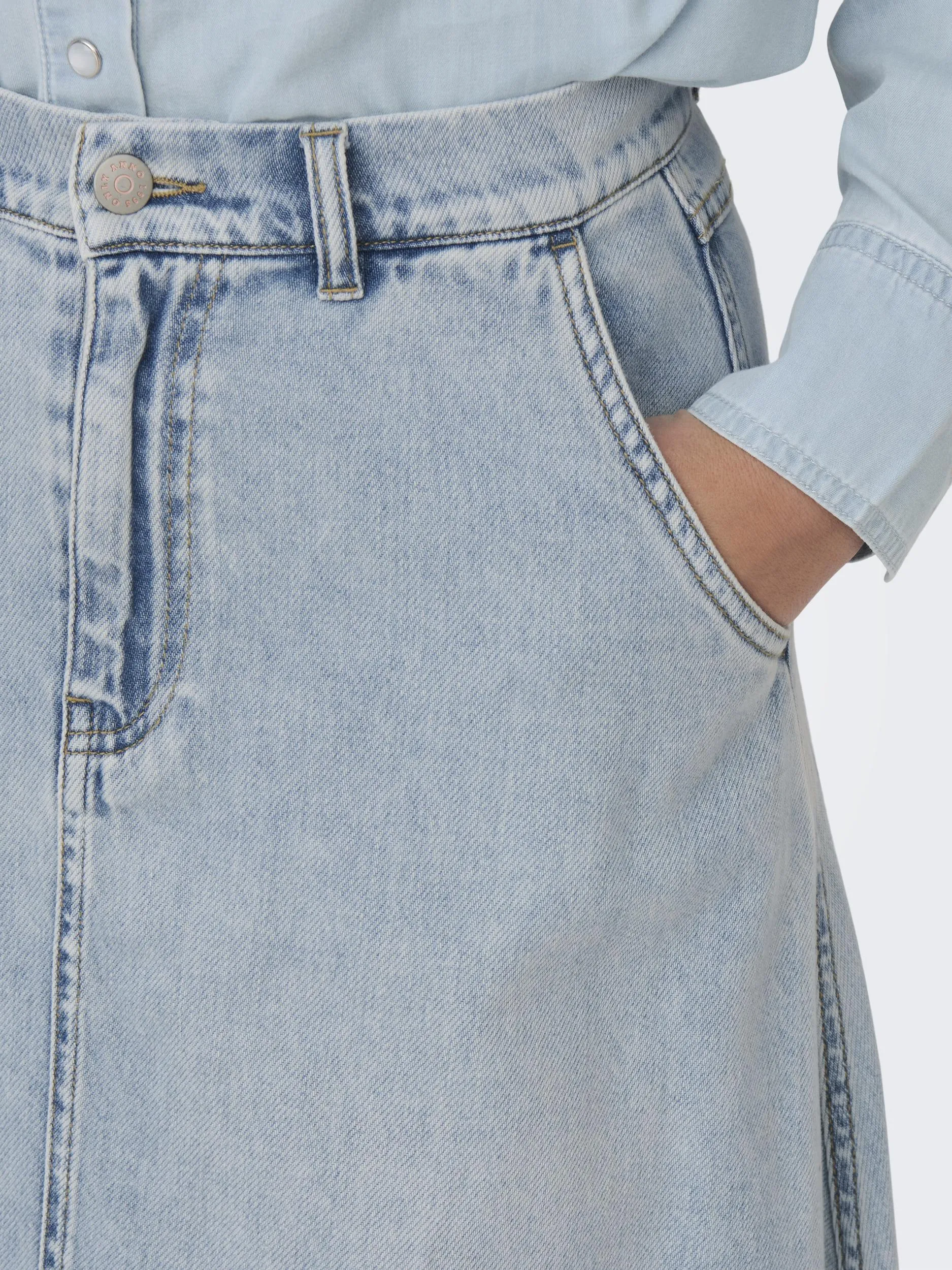 Only - High Waisted Flared Blue Denim Midi Skirt