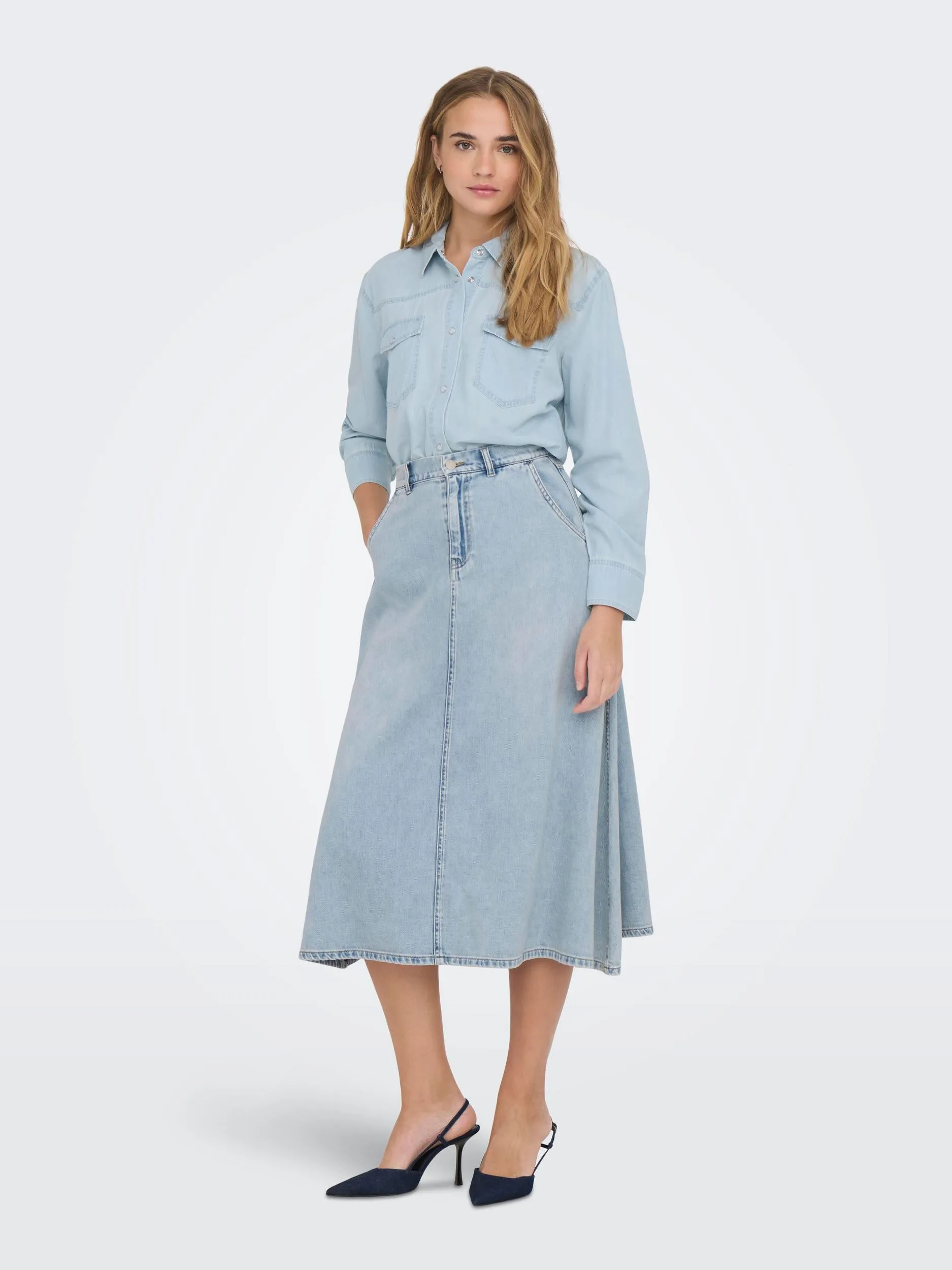 Only - High Waisted Flared Blue Denim Midi Skirt