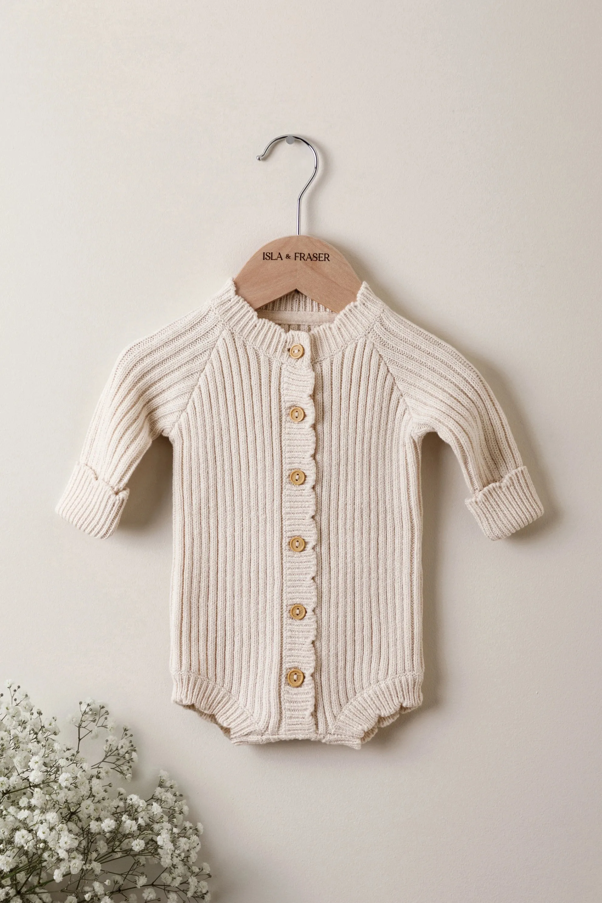 Organic Cotton Long Sleeve Rib Stitch Baby Romper - Oat