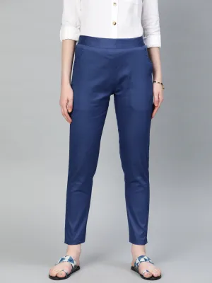 Persian Blue Solid Cotton Lycra Pants