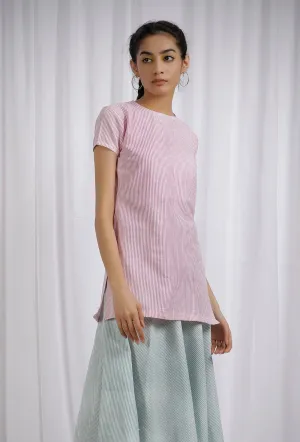 Pink Cotton Striped Short Kurta