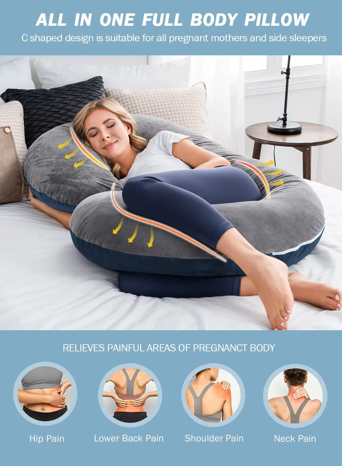 Pregnancy Pillow,Maternity Body Pillow with Velvet Cover,C Shaped Body Pillow for Sleeping (Blue&Grey)