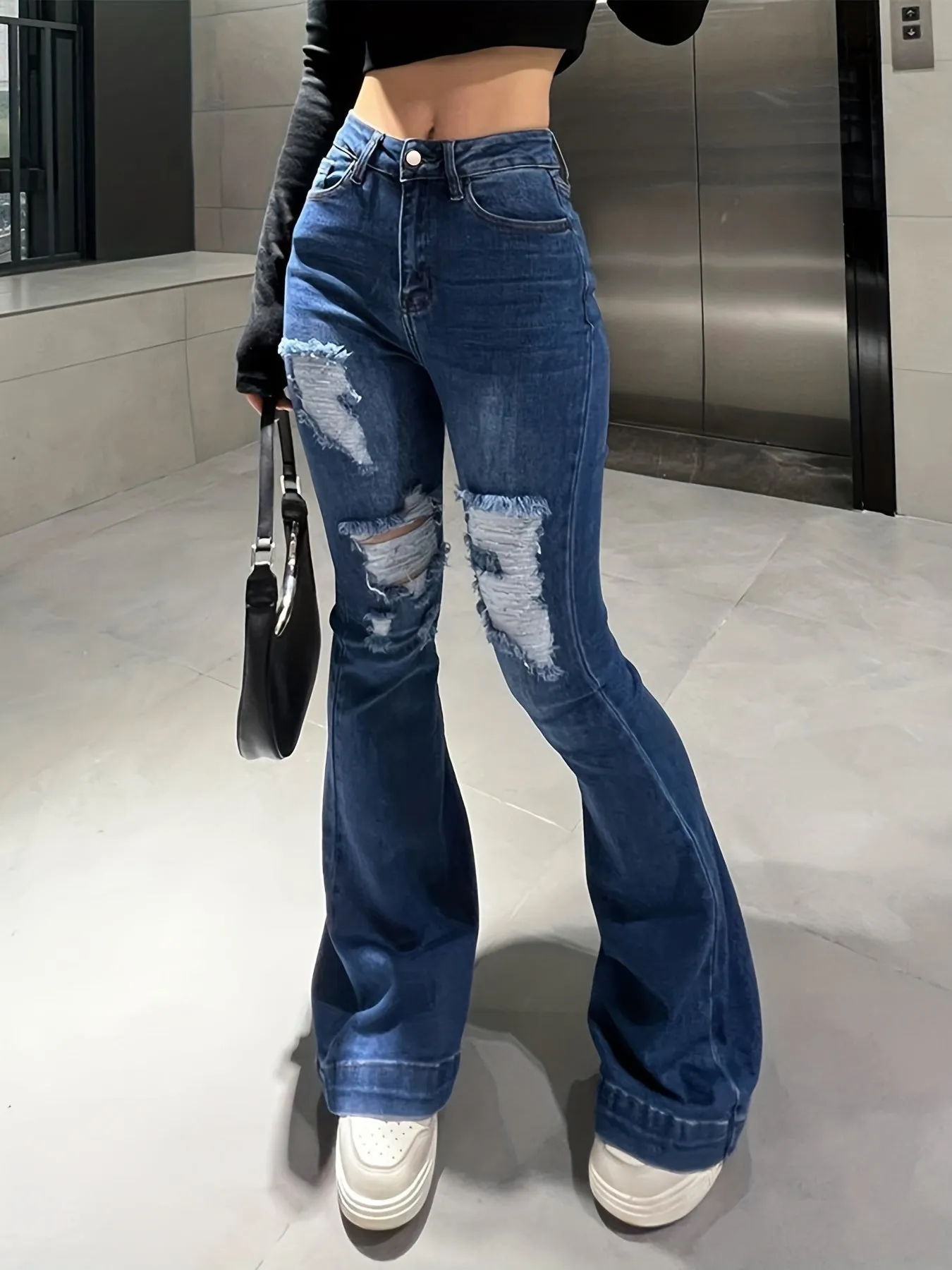 Purpdrank Chic Vintage Flare Jeans - High Rise, Distressed Rips, Stretchy Whiskered Bell Bottoms - Retro Y2K Style Womens Denim Pants for Fashion-Forward Looks