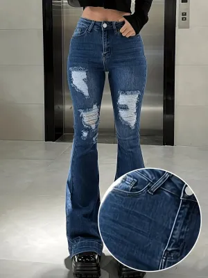 Purpdrank Chic Vintage Flare Jeans - High Rise, Distressed Rips, Stretchy Whiskered Bell Bottoms - Retro Y2K Style Womens Denim Pants for Fashion-Forward Looks