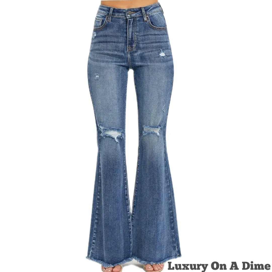 RISEN High-Rise Distressed Torn Raw Bell Bottom Flare Denim Retro Jean Pants