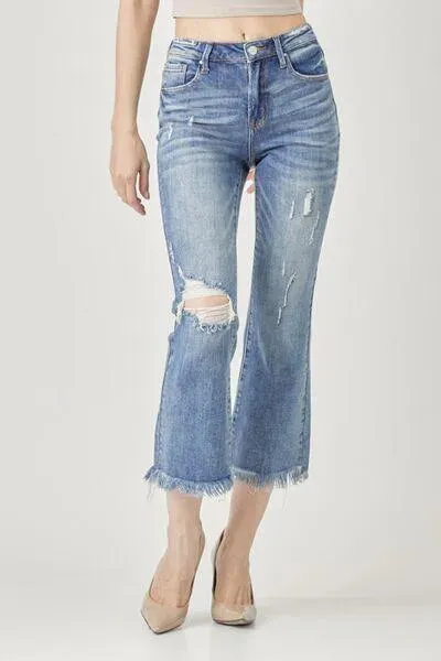 RISEN High Waist Distressed Cropped Bootcut Jeans