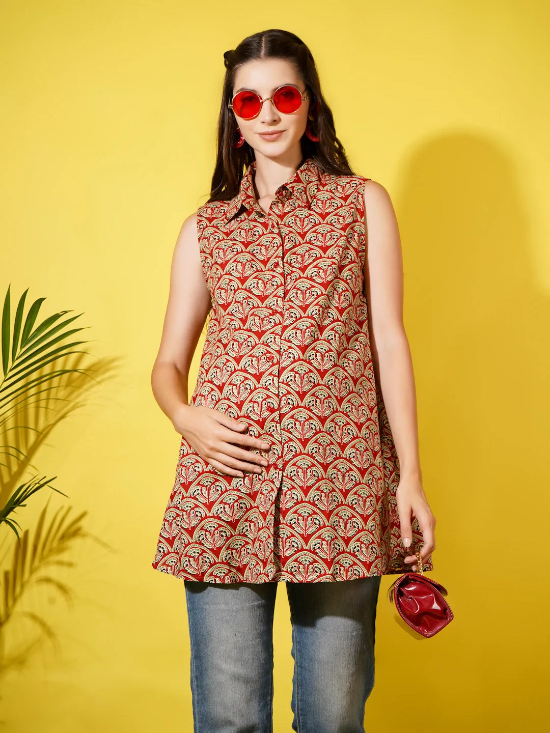 SHREE - RED FLORAL PRINTED MATERNITY SHIRT