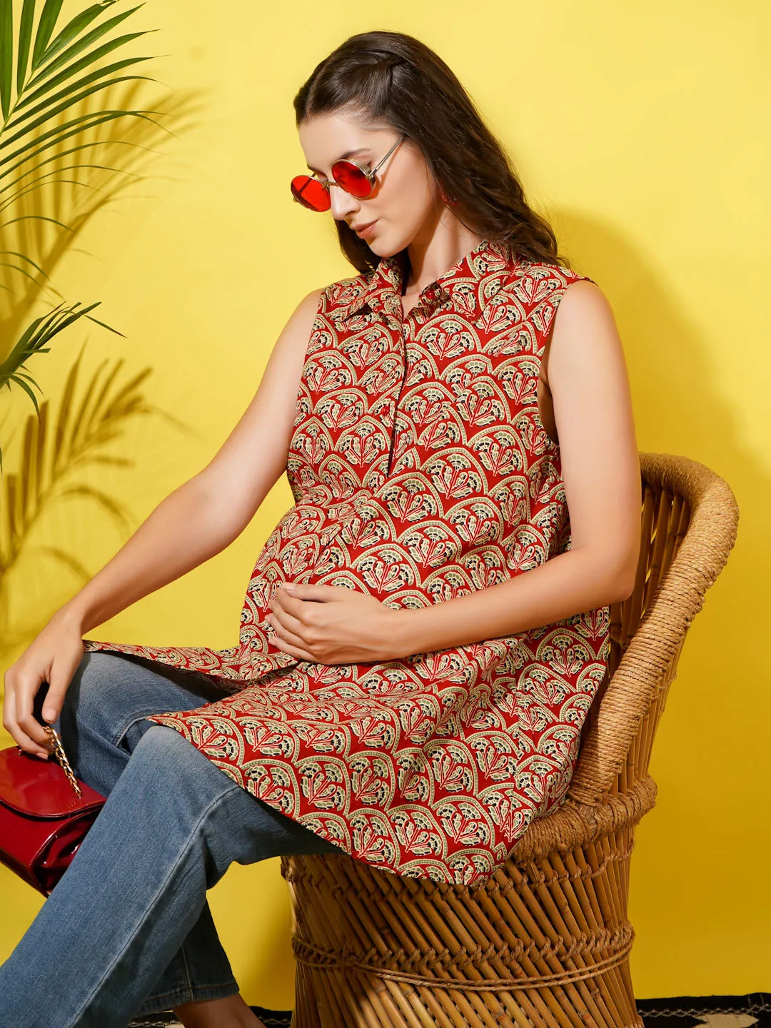 SHREE - RED FLORAL PRINTED MATERNITY SHIRT